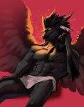  abs ambiguous_fluids anthro balls dragon feathered_wings feathers hair hi_res looking_at_viewer male qrichy scar solo towel wings 