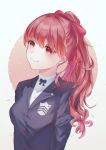  136364 1girl absurdres bangs black_jacket bow closed_mouth hair_bow highres jacket long_hair long_sleeves persona_5_the_royal ponytail red_bow red_eyes red_hair school_uniform simple_background smile solo turtleneck upper_body white_background yoshizawa_kasumi 