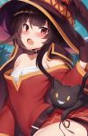  1girl bare_shoulders black_hair black_panties blush breasts button_eyes chomusuke dress hat highres kono_subarashii_sekai_ni_shukufuku_wo! looking_at_viewer m-da_s-tarou megumin open_mouth panties red_eyes sarashi short_hair side-tie_panties solo underwear witch_hat 