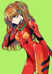  1girl absurdres arm_up bangs blue_eyes bodysuit bracer breasts brown_hair closed_mouth eyebrows_visible_through_hair eyes_visible_through_hair from_side green_background hair_between_eyes hair_ornament hairpin highres long_hair looking_at_viewer medium_breasts neon_genesis_evangelion pilot_suit plugsuit red_bodysuit richard_(ri39p) simple_background solo souryuu_asuka_langley standing turtleneck 