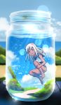  1girl :d blue_eyes blue_sky blurry bottle cloud cloudy_sky commentary_request depth_of_field flower hair_flower hair_ornament in_bottle in_container kantai_collection leg_hug long_hair looking_at_viewer open_mouth ro-500_(kantai_collection) school_swimsuit school_uniform serafuku silver_hair sky smile solo submerged swimsuit tan tanline tsukemon 