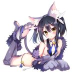  1girl animal_ears ass bangs bare_shoulders bell black_hair black_panties blue_ribbon blush breasts cat_ears cat_tail detached_collar elbow_gloves fate/kaleid_liner_prisma_illya fate_(series) feathers feet_up fur_trim gloves grey_gloves grey_legwear grey_vest hair_between_eyes hair_feathers hair_ornament hairclip highres jingle_bell long_hair looking_at_viewer lying miyu_edelfelt on_stomach open_mouth panties paw_gloves paw_shoes paws ribbon shoes simple_background small_breasts solo tail thighhighs thighs twintails underwear vest white_background yellow_eyes youta 