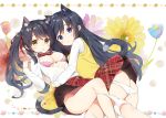  2girls :o animal_ear_fluff animal_ears ass bangs black_hair blue_eyes blush bow bow_bra bow_panties bowtie bra breasts cat_ears cat_girl cat_tail closed_mouth collared_shirt commentary_request dress_shirt eyebrows_visible_through_hair floral_background hair_ribbon kutata long_hair medium_breasts multiple_girls open_clothes open_shirt original panties panty_pull parted_lips pink_bra plaid plaid_neckwear plaid_ribbon plaid_skirt pleated_skirt red_neckwear red_ribbon red_skirt ribbon shirt skindentation skirt sweater_vest tail twintails underwear very_long_hair white_panties white_shirt yellow_eyes 