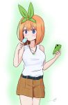  1girl absurdres bangs bare_arms bare_shoulders belt_buckle blush breasts brown_hair brown_shorts buckle cellphone closed_mouth collarbone commentary_request diagonal_stripes eyebrows_visible_through_hair food four-leaf_clover_necklace go-toubun_no_hanayome green_ribbon hair_between_eyes hair_ribbon highres holding holding_cellphone holding_food holding_phone kujou_karasuma medium_breasts nakano_yotsuba phone popsicle purple_eyes ribbon short_shorts shorts solo striped striped_belt tank_top white_tank_top 