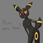  1:1 2019 anthro black_fur black_nose breasts canid cute_fangs dialogue eeveelution female fur hand_on_hip hi_res looking_at_viewer mammal markings mrricey nintendo nipples nude open_mouth pok&eacute;mon pok&eacute;mon_(species) pussy red_eyes simple_background smug solo standing talking_to_viewer text umbreon video_games 