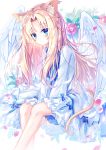  1girl animal_ears bird_wings blonde_hair blue_eyes blurry blush cat_ears cat_tail depth_of_field dress feathered_wings firo_(tate_no_yuusha_no_nariagari) floral_background flower highres kemonomimi_mode long_hair looking_at_viewer petals rose satou_(3366_s) sitting solo tail tate_no_yuusha_no_nariagari white_dress white_wings wind wings 