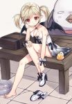  1girl bangs bare_shoulders barefoot black_bow black_wings blush boots bow breasts character_request cleavage cola commentary_request covered_nipples demon_wings dress elf eyebrows_visible_through_hair high_heel_boots high_heels highres kuro_(kuronell) light_brown_hair mabinogi medium_breasts parted_lips pointy_ears red_eyes sidelocks skull_mask sleeveless sleeveless_dress solo suitcase sweat tile_floor tiles twintails washbowl water white_dress white_footwear wings wrist_cuffs 