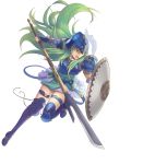  1girl armored_boots blue_footwear boots fire_emblem fire_emblem:_path_of_radiance floating_hair full_body gauntlets green_eyes green_hair helmet highres holding holding_shield holding_spear holding_weapon long_hair miniskirt nephenee open_mouth polearm shield shoulder_armor skirt solo spaulders spear thigh_boots thigh_strap thighhighs transparent_background very_long_hair weapon white_skirt will_(willanator93) zettai_ryouiki 