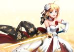  1girl :d ahoge artoria_pendragon_(all) blonde_hair breasts choker cleavage collarbone dress elbow_gloves excalibur eyebrows_visible_through_hair fate/stay_night fate_(series) floral_print gloves green_eyes highres holding holding_sword holding_weapon long_dress looking_at_viewer migiha open_mouth saber short_hair simple_background sleeveless sleeveless_dress small_breasts smile solo strapless strapless_dress sword weapon white_background white_dress white_gloves 