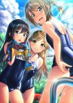  3girls arashio_(kantai_collection) asashio_(kantai_collection) bangs black_hair blue_eyes blue_sky blue_swimsuit brown_eyes brown_hair cloud commentary_request condensation_trail covered_navel day enemy_lifebuoy_(kantai_collection) eyebrows_visible_through_hair hair_between_eyes kantai_collection kyon_(fuuran) lips long_hair looking_at_viewer michishio_(kantai_collection) multiple_girls open_mouth outdoors parted_bangs ponytail school_swimsuit sky smile standing swimsuit towel wet 