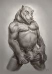  anthro beard clothed clothing facial_hair hi_res humanoid_penis lion21 male mammal monochrome muscular muscular_male penis penis_base pubes smile solo tight_clothing topless ursid 