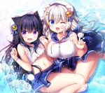  2girls ;d animal_ears bare_arms bare_shoulders bear_ears bear_girl bear_tail beret black_hair blue_eyes blue_ribbon blue_sailor_collar blue_skirt blush breasts cat_ears cat_girl cat_tail collarbone commentary_request crop_top fang hat large_breasts long_hair midriff multiple_girls navel neck_ribbon one_eye_closed open_mouth original panties pleated_skirt purple_eyes red_ribbon ribbon sailor_collar sasai_saji school_uniform serafuku shirt signature silver_hair skirt small_breasts smile striped striped_panties tail underwear very_long_hair white_headwear white_shirt 