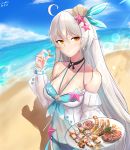  1girl absurdres ahoge bare_shoulders beach bikini bikini_under_clothes blue_sky blush breasts cleavage commentary_request dated day diamond-shaped_pupils eating from_above highres holding holding_plate honkai_(series) honkai_impact_3rd jewelry kiana_kaslana kiana_kaslana_(herrscher_of_the_void) long_hair looking_at_viewer medium_breasts navel necklace ocean outdoors plate qualthis sand seashell_hair_ornament see-through signature silver_hair sky solo starfish starfish_hair_ornament sunlight swimsuit symbol-shaped_pupils very_long_hair yellow_eyes 