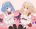  2girls ;d alternate_costume apron bangs black_legwear blonde_hair blue_hair blush bow bowtie center_frills commentary_request cowboy_shot crystal enmaided eyebrows_visible_through_hair fang flandre_scarlet frilled_apron frills hair_between_eyes hand_up looking_at_viewer maid maid_apron maid_headdress miniskirt multiple_girls one_eye_closed one_side_up open_mouth own_hands_together petticoat pink_background pink_skirt pointy_ears puffy_short_sleeves puffy_sleeves red_bow red_eyes red_neckwear red_skirt remilia_scarlet shirt short_hair short_sleeves siblings simple_background sisters sitting skin_fang skirt smile thighhighs thighs tosakaoil touhou v v_arms waist_apron white_apron white_shirt wrist_cuffs yellow_bow yellow_neckwear 