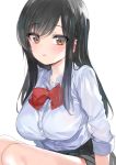  1girl black_hair black_skirt bow bowtie breasts brown_eyes buttons collarbone collared_shirt emily_(pure_dream) large_breasts long_hair long_sleeves looking_at_viewer original parted_lips pleated_skirt red_neckwear school_uniform shirt shirt_tucked_in sidelocks simple_background skirt solo thighs white_background white_shirt 