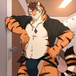  1:1 anthro bulge clothing felid hi_res jewelry jockstrap locker_room looking_at_viewer male mammal necklace pache_riggs pantherine smile solo standing tiger underwear 
