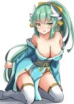 1girl absurdres bangs bare_shoulders blue_kimono blush breasts cleavage collarbone dragon_horns eyebrows_visible_through_hair fate/grand_order fate_(series) hair_between_eyes high_ponytail highres horns japanese_clothes kimono kiyohime_(fate/grand_order) kneeling large_breasts long_hair long_sleeves moyoron no_shoes obi off_shoulder open_mouth ponytail ribbon sash sidelocks simple_background sleeves_past_wrists solo thighhighs very_long_hair white_background white_legwear wide_sleeves yellow_eyes yellow_ribbon 