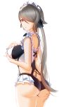  1girl absurdres ass ass_grab bare_arms bare_shoulders breasts cowboy_shot expressionless frills from_side grabbing_own_ass hair_over_one_eye higandgk highres honkai_(series) honkai_impact_3rd large_breasts long_hair looking_at_viewer looking_back looking_to_the_side maid_headdress one-piece_swimsuit parted_lips ponytail purple_eyes rita_rossweisse silver_hair simple_background solo standing swimsuit thighs very_long_hair white_background 