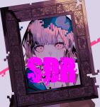  1girl bangs commentary danganronpa eyebrows_visible_through_hair face frame framed highres looking_at_viewer nanami_chiaki photo_(object) pink_blood pink_eyes pink_hair pixelated sdr_roll0808 simple_background solo super_danganronpa_2 tears white_background 