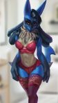  2019 absurd_res alanscampos anthro barely_visible_genitalia barely_visible_pussy big_hands black_fur blue_fur bra breasts clothing female fur hi_res inside legwear lingerie lucario neck_tuft nintendo pinup pok&eacute;mon pok&eacute;mon_(species) pose pussy red_eyes smile solo standing thigh_highs tuft underwear video_games voluptuous wide_hips yellow_fur 