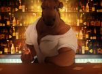  2018 5_fingers alcohol anthro arm_support bar beard beverage biceps biped blue_eyes body_hair bottle brown_eyebrows brown_hair chest_hair clothed clothing counter cup detailed_background digital_media_(artwork) equid equine eyebrows facial_hair fingers front_view glass hair hair_bun holding_glass holding_object horse humanoid_hands ice inside leaning_on_elbow looking_at_viewer male mammal muscular muscular_male pecs shirt signature solo tahoe topwear white_clothing white_shirt white_topwear zomacaius 