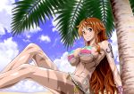  1girl arm_support arm_tattoo bare_shoulders beach belly_chain bikini blue_sky bracelet breasts closed_mouth cloud collarbone feet_out_of_frame jewelry knees_up large_breasts leaning_back long_hair looking_at_viewer multicolored multicolored_bikini multicolored_clothes nami_(one_piece) nel-zel_formula one_piece orange_eyes orange_hair out_of_frame outdoors palm_leaf palm_tree sand shiny shiny_skin side-tie_bikini sitting sky smile solo stomach striped striped_bikini swimsuit tattoo thighs tight toned tree underboob very_long_hair 