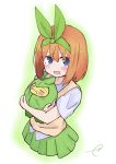  1girl :d bangs blue_eyes blush brown_hair commentary_request crossover eyebrows_behind_hair gen_5_pokemon go-toubun_no_hanayome green_ribbon green_skirt hair_between_eyes hair_ribbon highres hug kujou_karasuma nakano_yotsuba open_mouth pleated_skirt pokemon pokemon_(creature) pokemon_(game) pokemon_bw ribbon round_teeth shirt short_sleeves signature skirt smile swadloon sweater_vest teeth upper_teeth white_shirt 