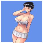  1girl arms_behind_back bangs bare_shoulders bikini bikini_skirt black_eyes black_hair blue_background blush breasts cleavage closed_mouth collarbone donburikazoku embarrassed frilled_bikini_top groin hand_on_own_cheek hand_up highres komi-san_wa_komyushou_desu komi_shuuko large_breasts legs_together looking_down mature microskirt navel nervous_smile no_nose nose_blush pleated_skirt shiny shiny_hair short_hair side-tie_skirt simple_background skirt solo standing swimsuit thighs two-tone_background wavy_mouth white_background white_bikini white_skirt 