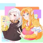  2girls :d artist_name bead_necklace beads black_cloak blonde_hair blue_eyes blush bracer braid brown_eyes circlet cloak collarbone commentary_request cropped_torso crossover dress eyebrows_visible_through_hair fire_emblem fire_emblem_awakening french_braid gem hand_up heart hood hooded_cloak jewelry kotoha_(alice_sea) long_hair long_sleeves looking_at_viewer multiple_girls necklace open_mouth pauldrons pink_dress pointy_ears princess_zelda robin_(fire_emblem) robin_(fire_emblem)_(female) short_sleeves silver_hair smile super_smash_bros. the_legend_of_zelda the_legend_of_zelda:_a_link_between_worlds triforce twintails twitter_username upper_body v white_background wide_sleeves 