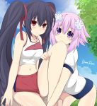  2girls akane_rose alternate_costume artist_name black_hair blush breasts buruma choujigen_game_neptune cloud cloudy_sky collarbone cowboy_shot crop_top d-pad d-pad_hair_ornament day eyebrows_visible_through_hair hair_between_eyes hair_ornament hair_ribbon highres hug knee_up lavender_hair looking_at_viewer medium_breasts midriff multiple_girls navel neptune_(neptune_series) neptune_(series) noire outdoors purple_eyes red_eyes ribbon shirt short_hair short_shorts short_sleeves shorts signature sitting sky sleeveless smile sportswear standing tank_top thigh_gap thighs tree twintails 