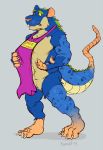  2019 anthro apron apron_only buckteeth claws clothing crocodile crocodilian crocodylid digital_drawing_(artwork) digital_media_(artwork) english_text full-length_portrait fur hi_res koorivlf male mammal mostly_nude murid murine portrait rat reptile rodent scales scalie signature simple_background solo standing teeth text transformation whiskers 