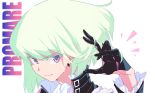  black_gloves black_jacket copyright_name cravat earrings face gloves green_hair half_gloves jacket jewelry lio_fotia looking_at_viewer male_focus pira_811 promare purple_eyes smile solo white_background 
