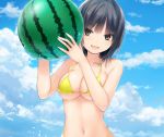  aoyama_sumika ball bikini black_hair breasts brown_eyes cleavage clouds coffee-kizoku cropped navel original short_hair sky swimsuit underboob 