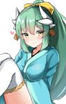  1girl absurdres bangs blue_kimono blush bow breasts closed_mouth dragon_horns eyebrows_visible_through_hair fate/grand_order fate_(series) green_hair hair_between_eyes hair_bow heart high_ponytail highres horns japanese_clothes kimono kiyohime_(fate/grand_order) knees_up long_hair looking_at_viewer medium_breasts moyoron ponytail sidelocks simple_background sitting smile solo thighhighs very_long_hair white_background white_legwear yellow_bow yellow_eyes 