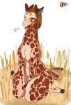  2016 brown_hair cloven_hooves eyelashes female freckles fur giraffe giraffid green_eyes hair hi_res hooves horn kneeling lightsource long_neck looking_away mammal navel ossicone semi-anthro simple_background solo spots spotted_fur thick_thighs white_background 