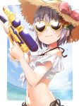  1girl bangs bare_shoulders bikini black_bikini blue_sky bow brown_headwear closed_mouth cloud commentary_request day eyebrows_visible_through_hair finger_on_trigger flower grey_hair hair_flaps hair_flower hair_ornament hat hat_bow heart heart-shaped_eyewear holding holding_water_gun horizon idolmaster idolmaster_cinderella_girls koshimizu_sachiko navel ocean orange_flower pink_bow shirt short_hair short_sleeves side-tie_bikini sky smile solo standing stomach straw_hat sun_hat sunglasses sunlight swimsuit tied_shirt upper_body v-shaped_eyebrows water_drop water_gun white_shirt yukie_(kusaka_shi) 