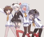  4girls adapted_costume amatsukaze_(kantai_collection) black_hair black_legwear blue_hair blue_sailor_collar brown_dress brown_eyes brown_hair commentary_request dress dress_pull embarrassed feet_out_of_frame garter_straps gradient_hair grey_background greyscale hair_tubes hat hatsukaze_(kantai_collection) headgear headset hime_cut holding_hands kantai_collection long_hair matching_outfit mini_hat monaka_ooji monochrome multicolored_hair multiple_girls neckerchief open_mouth pantyhose red_legwear round_teeth rudder_footwear sailor_collar sailor_dress sailor_shirt shirt short_dress short_hair short_hair_with_long_locks sidelocks silver_hair simple_background speaking_tube_headset striped striped_legwear teeth thighband_pantyhose thighhighs tied_shirt tokitsukaze_(kantai_collection) two_side_up upper_teeth wavy_mouth white_dress white_hair white_sailor_collar windsock yellow_neckwear yukikaze_(kantai_collection) 