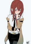  1girl absurdres belt black_legwear black_neckwear blue_eyes blush breasts brown_hair brown_jacket collared_shirt cowboy_shot futatugikota hair_between_eyes hand_to_own_mouth highres jacket legwear_under_shorts long_hair long_sleeves looking_at_viewer makise_kurisu medium_breasts necktie off_shoulder pantyhose shirt short_shorts shorts signature simple_background solo steins;gate straight_hair white_background white_shirt 