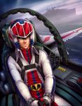  1boy belt black_hair blue_eyes buttons canopy choujikuu_yousai_macross cloud cockpit commentary dutch_angle english_commentary flight_stick flying fog franciscoetchart gloves helmet highres ichijou_hikaru machinery macross mecha military military_uniform pilot pilot_chair pilot_suit piloting robotech roundel runway science_fiction sdf-1 serious space_craft tube u.n._spacy uniform variable_fighter vf-1 vf-1j 