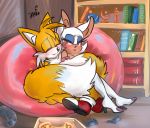 anthro award bean_bag bedroom blue_eyes blush book bookshelf boots canid canine clothing controller cuddling dildo duo embrace eyelashes female food footwear fox fur hi_res inside krazyelf makeup male male/female mammal miles_prower pizza rouge_the_bat sex_toy shoes sitting smile sonic_(series) trophy 