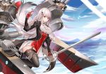  1girl absurdres azur_lane bangs black_footwear black_legwear boots breasts commentary cup6542 day detached_collar dunkerque_(azur_lane) eyebrows_visible_through_hair gloves highres holding holding_sword holding_weapon long_sleeves looking_at_viewer ocean outdoors red_eyes red_gloves rigging sidelocks solo sword thigh_boots thighhighs walking walking_on_liquid water water_drop weapon white_hair 