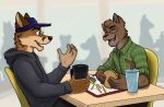  anthro beverage burger cafeteria canid canine coffee devin_fox domestic_cat duo felid feline felis food food_tray fox fries hi_res jesse_cat laugh male mammal pop 