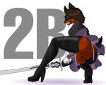  5:4 anus balls blindfold breasts butt canid canine canis clothed clothing cosplay digital_media_(artwork) dobermann domestic_dog fur gynomorph hair holding_object holding_weapon ike_marshall intersex legwear mammal melee_weapon nier_automata open_mouth penis pinscher simple_background solo sword thigh_highs video_games weapon 