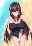  1girl :o beach blush breasts cleavage covered_navel day fate/grand_order fate_(series) from_above hand_on_own_chest highres kitajima_yuuki large_breasts long_hair looking_at_viewer ocean outdoors purple_hair red_eyes sand scathach_(fate)_(all) scathach_(fate/grand_order) school_swimsuit solo sweat swimsuit very_long_hair 