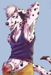  2019 animal_genitalia animal_penis anthro armpit_hair black_nose black_spots blue_background blue_eyes canid canine canine_penis canis clothing dalmatian domestic_dog erection eyebrows floppy_ears fur hair hand_behind_back hi_res looking_at_viewer male mammal marjani mostly_clothed penis red_penis sheath shirt simple_background smile solo spots standing tank_top teeth tongue tongue_out topwear underwear vein white_fur white_hair white_skin 