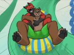  anthro blaze_wolf canid canine canis clothing domestic_cat duo excited felid feline felis hi_res jesse_cat male mammal swimming_trunks swimwear tubing water water_park wolf 