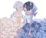  2girls azusa_(rikuriku) bangs bare_shoulders black_hair breasts cleavage closed_eyes collarbone detached_sleeves dress face-to-face flower frilled_dress frills hair_flower hair_ornament hair_ribbon highres jewelry konno_junko long_hair low_twintails mizuno_ai multiple_girls necklace open_mouth ribbon short_hair simple_background smile twintails veil white_background white_hair yuri zombie_land_saga 