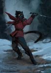  absurd_res armor battle boots clothing eye_patch eyewear felid footwear hair hi_res high_heels jaguar male mammal melee_weapon pantherine shoes sixfoot snow_in_the_season_of_mists solo sword tabaxi weapon 