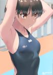  1girl armpits arms_behind_back bangs blue_swimsuit brown_hair closed_mouth commentary_request competition_swimsuit eyebrows_visible_through_hair highres jonsun looking_away one-piece_swimsuit original short_hair solo swimsuit twitter_username upper_body wet yellow_eyes 