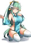  1girl absurdres adapted_costume bare_shoulders black_panties blue_dress blue_sleeves blush bow breasts closed_mouth detached_sleeves dragon_horns dress fate/grand_order fate_(series) green_hair hair_bow hands_up high_ponytail highres horns kiyohime_(fate/grand_order) large_breasts long_hair long_sleeves moyoron panties ponytail shadow side-tie_panties sidelocks simple_background sleeveless sleeveless_dress smile solo squatting thighhighs underwear very_long_hair white_background white_legwear wide_sleeves yellow_bow yellow_eyes 
